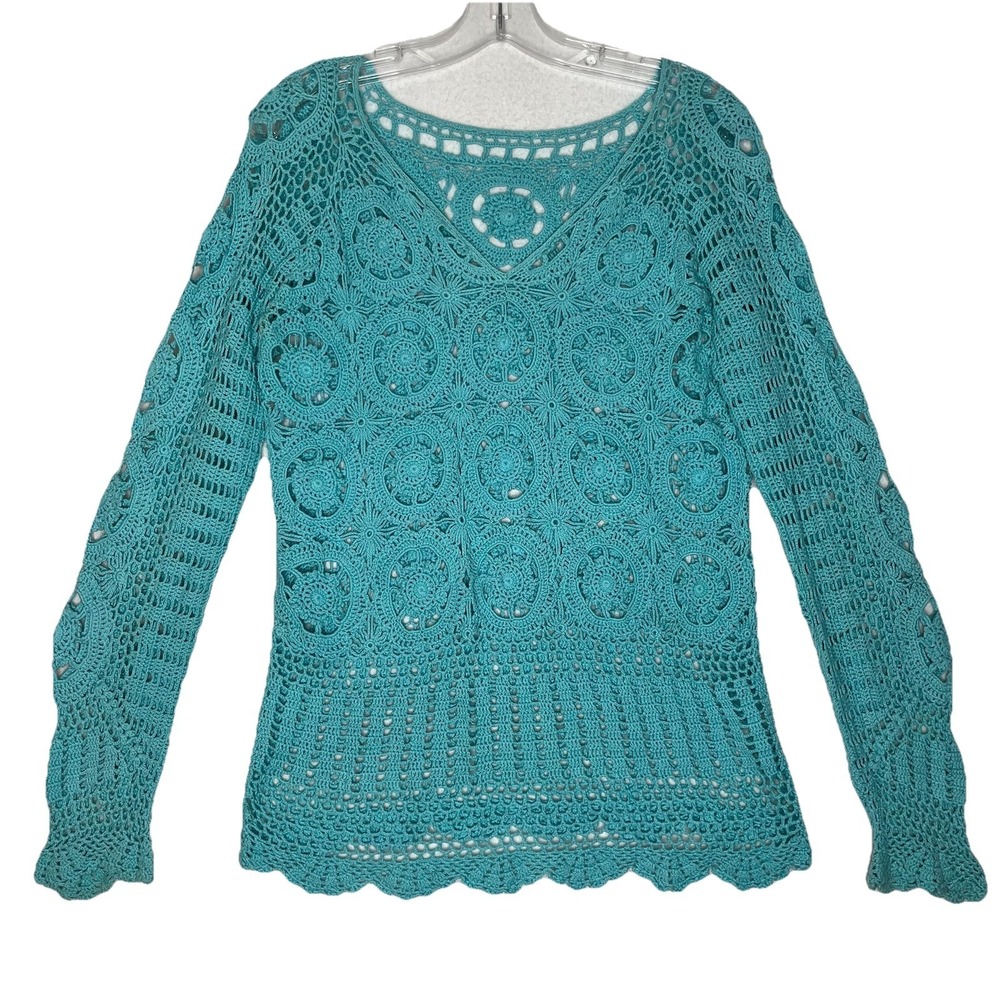JJeanne Pierre Crochet Open Knit Sweater Sexy See Through Cover Up Teal Turquois